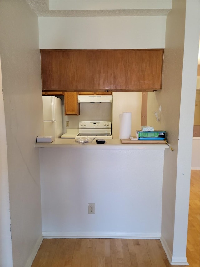 kitchen featuring white fridge, light wood-type flooring, and electric stove