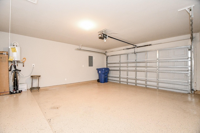 garage featuring electric panel, tankless water heater, and a garage door opener