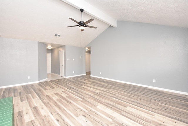 unfurnished living room with lofted ceiling with beams, light hardwood / wood-style floors, a textured ceiling, and ceiling fan