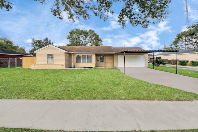 single story home with a front lawn, a garage, and a carport