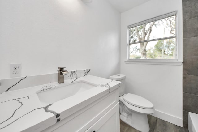 bathroom featuring hardwood / wood-style floors, vanity, and toilet