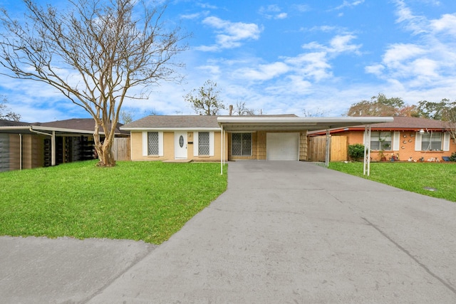 single story home with a front yard and a carport