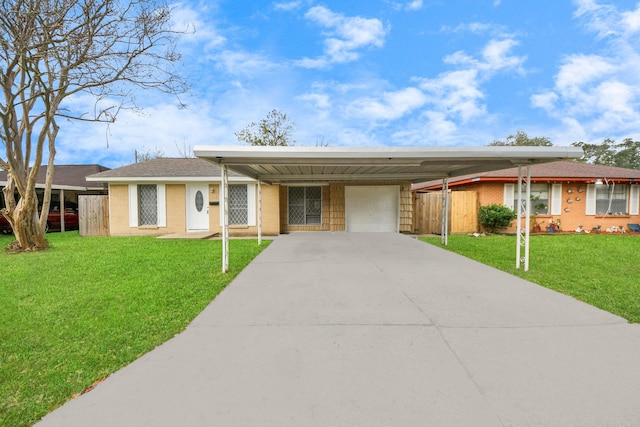 single story home with a front yard and a carport