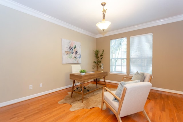 office space with hardwood / wood-style flooring and ornamental molding