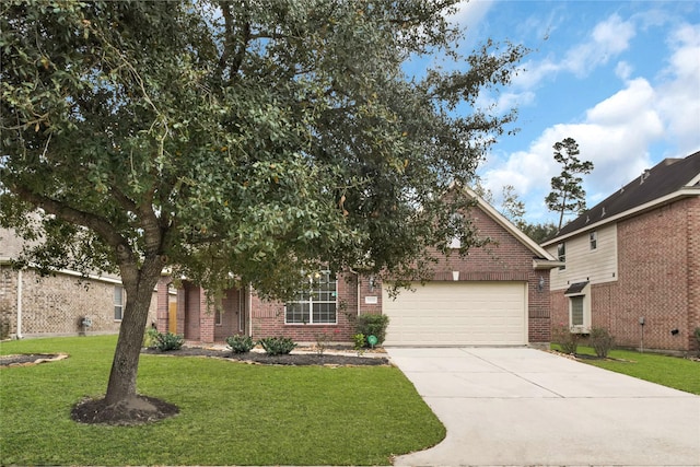 obstructed view of property featuring a front yard and a garage