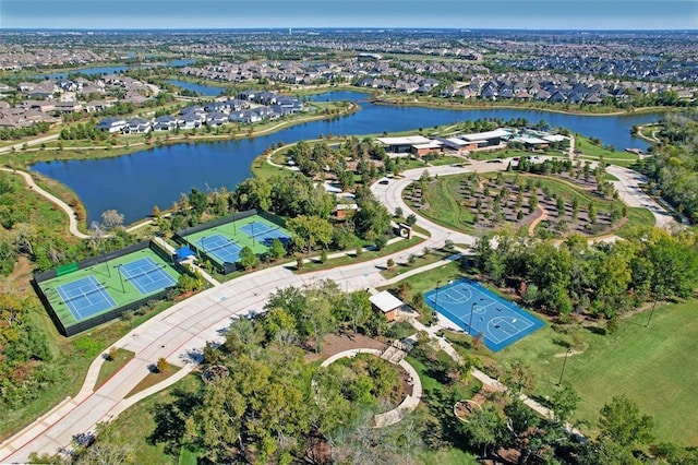 drone / aerial view with a water view