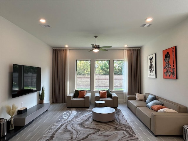 living room with ceiling fan