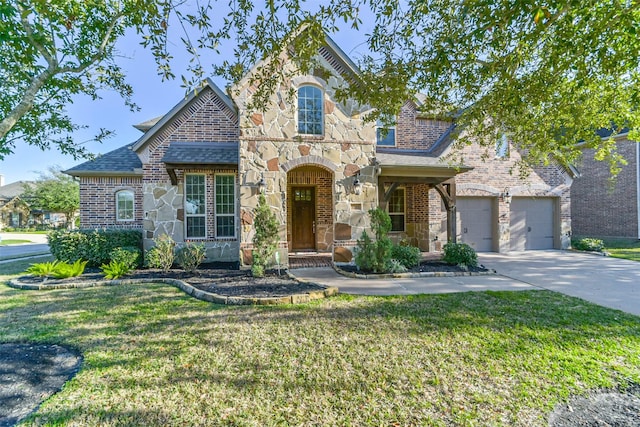 view of front of home with a garage and a front lawn