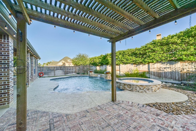 view of swimming pool with pool water feature, a pergola, an in ground hot tub, and a patio