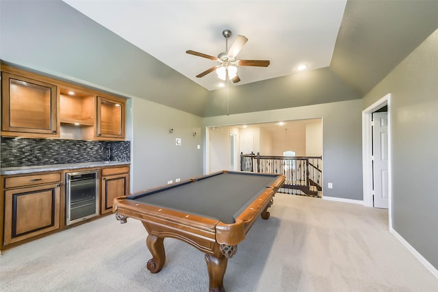 recreation room featuring ceiling fan, billiards, wine cooler, and vaulted ceiling