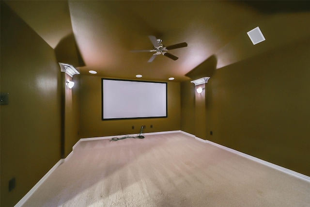 home theater room with carpet flooring and ceiling fan