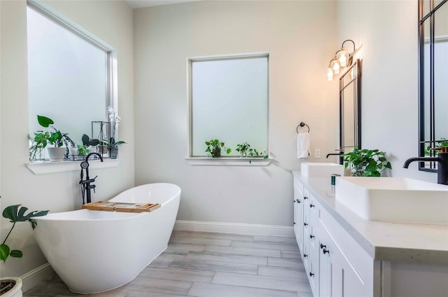 bathroom featuring a bath, vanity, and hardwood / wood-style floors