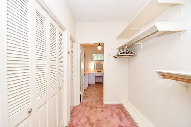 walk in closet with light carpet