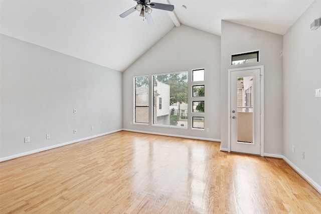 unfurnished living room with beam ceiling, light wood-type flooring, high vaulted ceiling, and ceiling fan