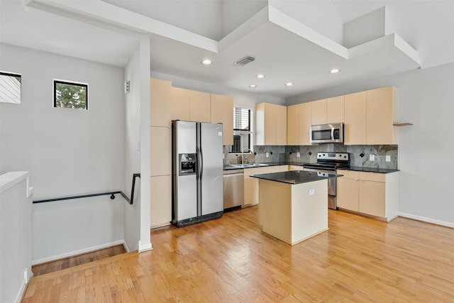 kitchen with sink, a center island, stainless steel appliances, backsplash, and light wood-type flooring