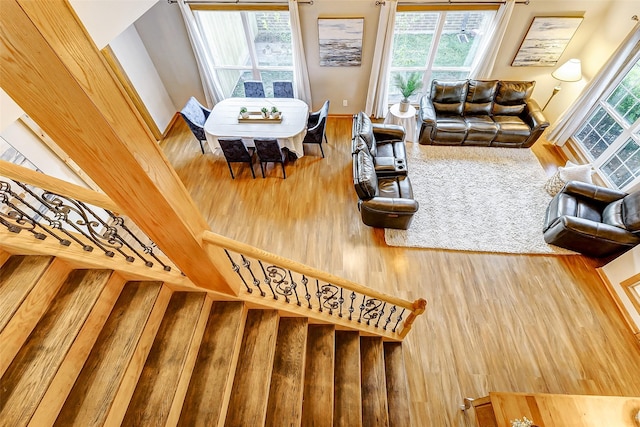 living room with wood-type flooring and a high ceiling