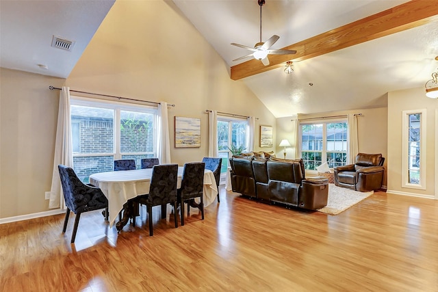 dining room featuring a wealth of natural light, light hardwood / wood-style flooring, ceiling fan, and beam ceiling