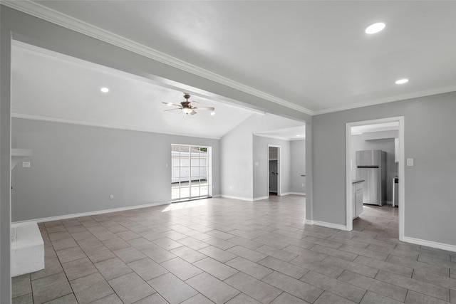 unfurnished room with ornamental molding, light tile patterned floors, ceiling fan, and lofted ceiling