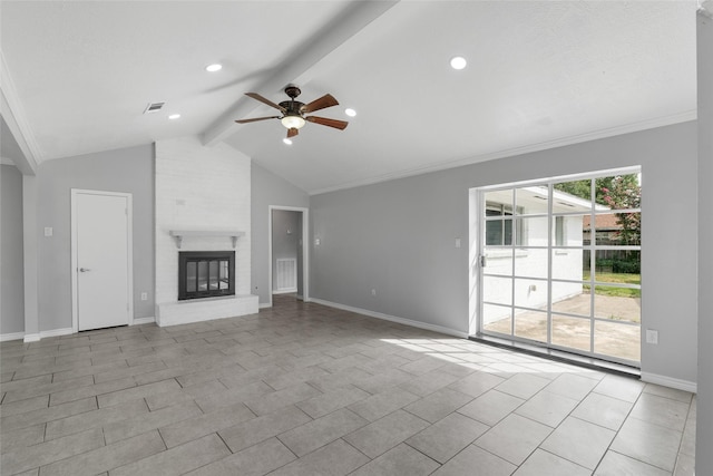 unfurnished living room featuring vaulted ceiling with beams, ceiling fan, a fireplace, and light tile patterned floors