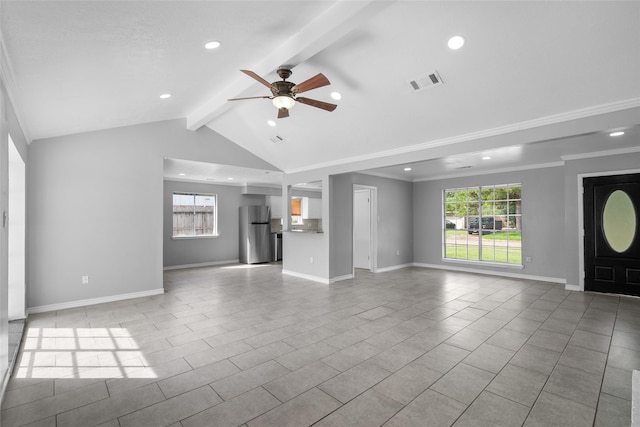 unfurnished living room featuring vaulted ceiling with beams, ceiling fan, and crown molding