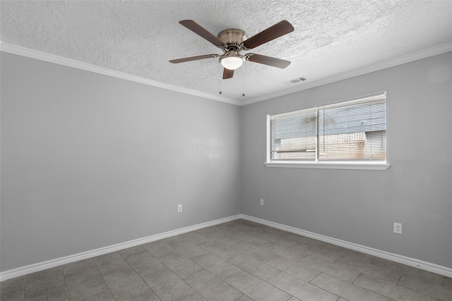 empty room with ceiling fan, crown molding, and a textured ceiling