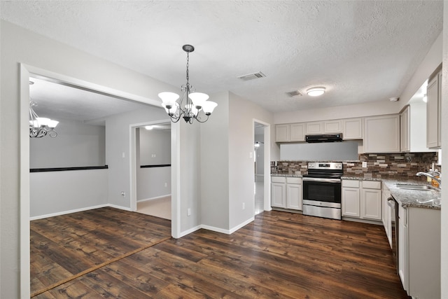 kitchen with decorative backsplash, stainless steel range with electric stovetop, sink, a chandelier, and white cabinetry