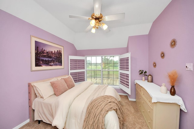 bedroom with light carpet, access to outside, ceiling fan, and lofted ceiling