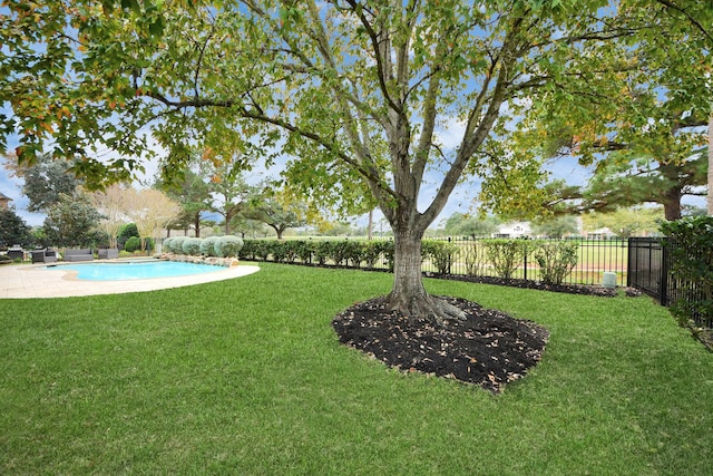 view of yard featuring a fenced in pool and a patio