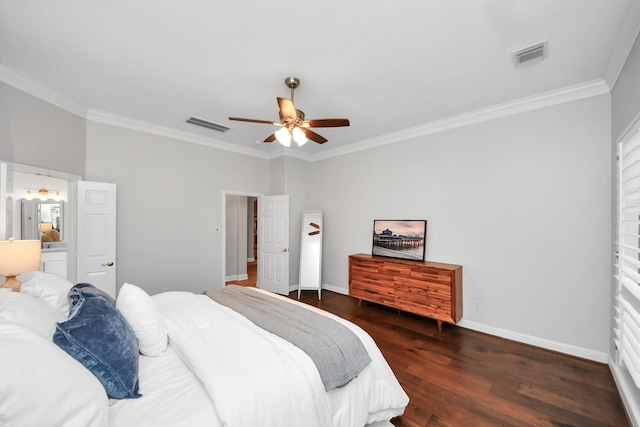 bedroom featuring ornamental molding, ceiling fan, and dark wood-type flooring