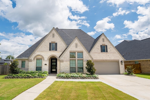 view of front of home featuring concrete driveway, brick siding, roof with shingles, and a front yard