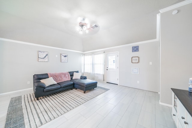 living room with ceiling fan, crown molding, and lofted ceiling