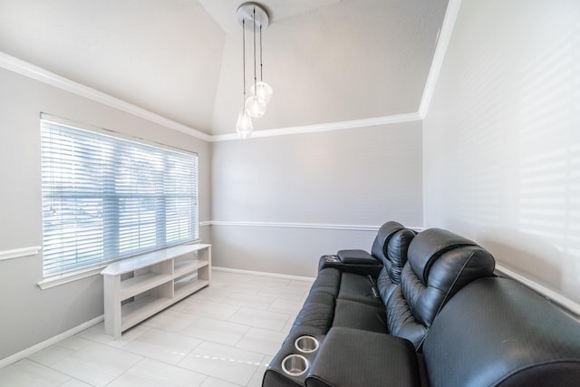 tiled living room with lofted ceiling and ornamental molding