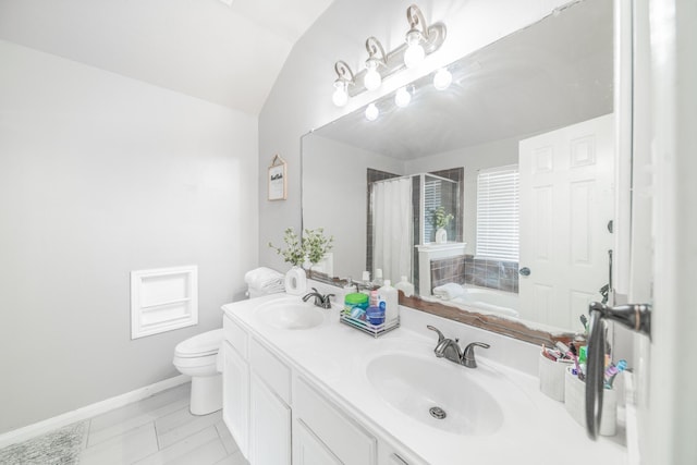 full bathroom featuring independent shower and bath, vanity, toilet, and lofted ceiling