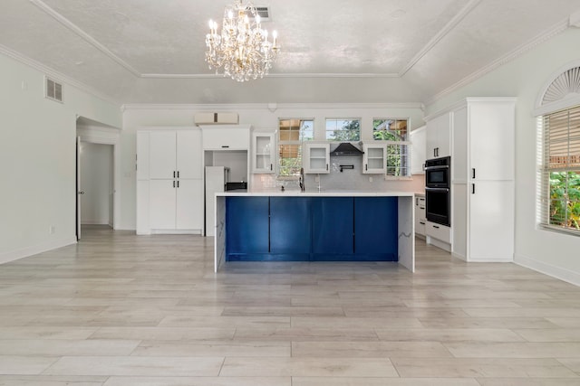 kitchen featuring a raised ceiling, white cabinetry, and a kitchen island with sink