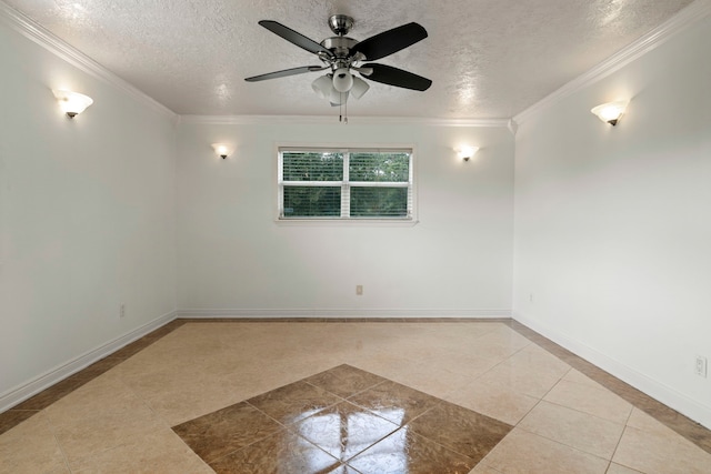 unfurnished room with tile patterned flooring, ceiling fan, crown molding, and a textured ceiling