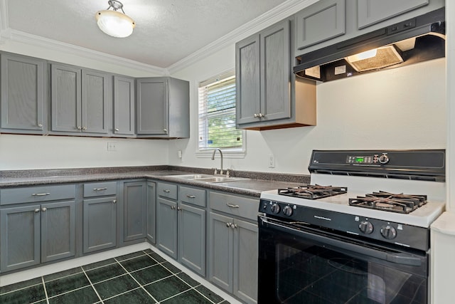 kitchen with gas range gas stove, sink, crown molding, a textured ceiling, and gray cabinets