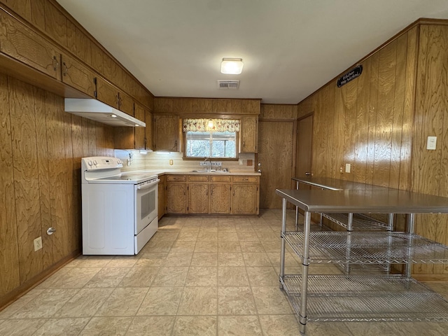 kitchen with sink, white electric stove, and wooden walls