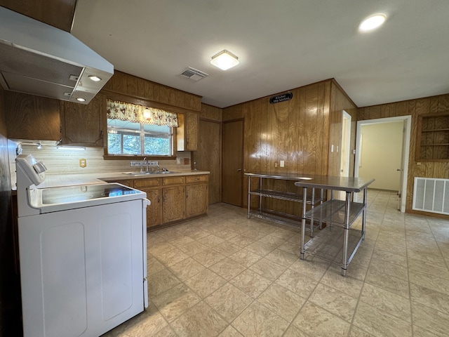 kitchen with island exhaust hood, range, wood walls, and sink