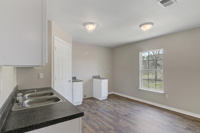 kitchen with white cabinetry, sink, and dark hardwood / wood-style floors