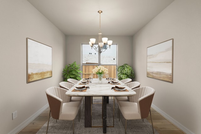 dining area featuring a notable chandelier and wood-type flooring