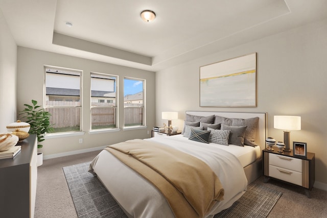 carpeted bedroom featuring a raised ceiling