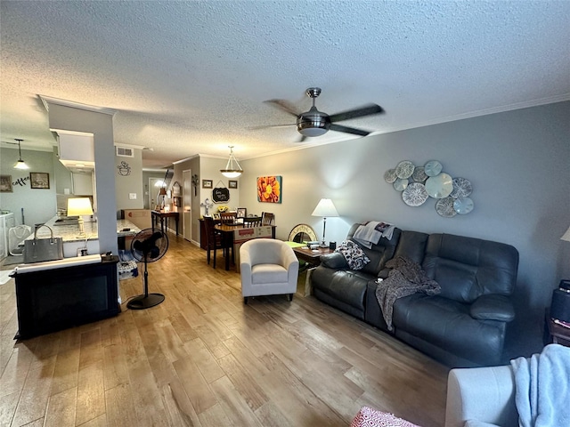 living room with hardwood / wood-style flooring, ceiling fan, crown molding, and a textured ceiling