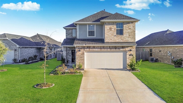 front facade featuring cooling unit, a garage, and a front yard