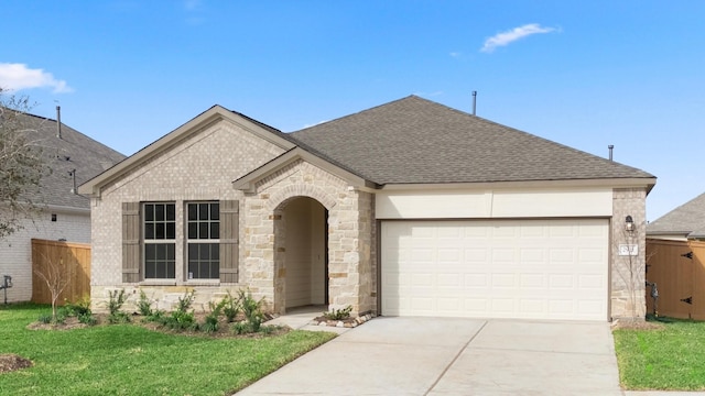 view of front of property with a front lawn and a garage