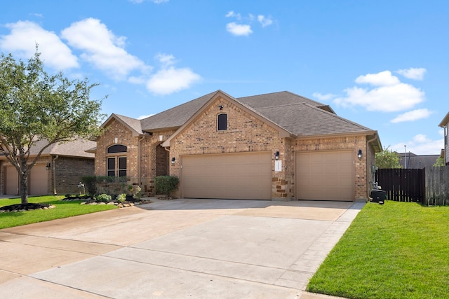 view of front of property with a front yard and a garage