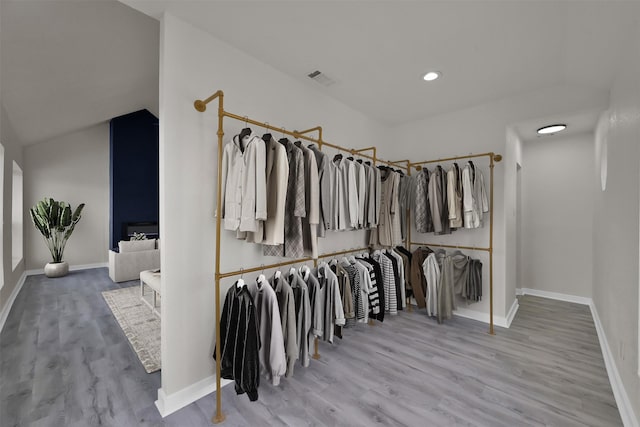 walk in closet with hardwood / wood-style flooring