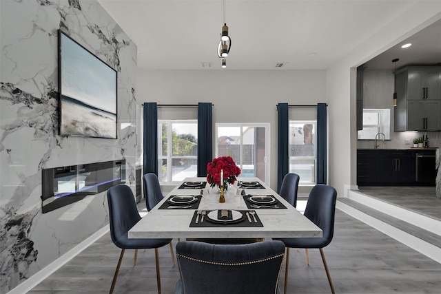 dining space featuring hardwood / wood-style floors and sink