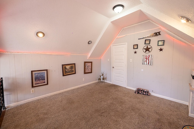 additional living space featuring carpet flooring, a textured ceiling, and lofted ceiling