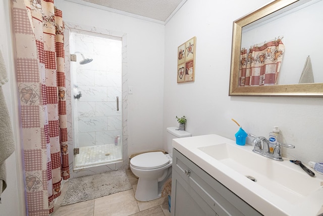 bathroom featuring curtained shower, tile patterned floors, a textured ceiling, toilet, and vanity