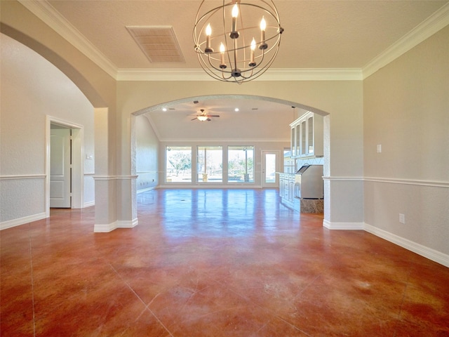 empty room featuring ceiling fan with notable chandelier and crown molding